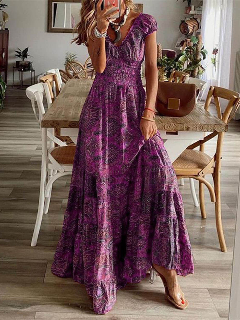 Bohemian Waisted Floral Print Dress-Massicos