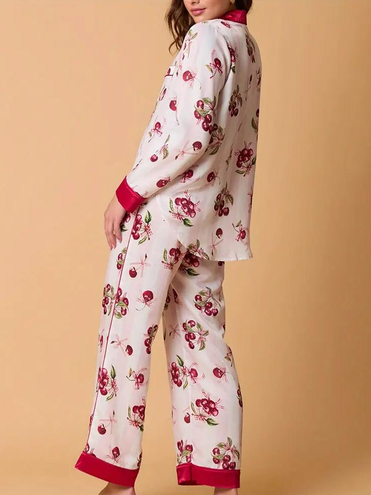 Light pink striped cherry print pajama set-Massicos
