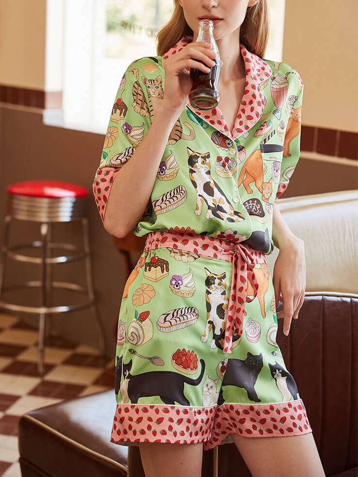 Coffee Cat Shorts Pajama Set-Massicos