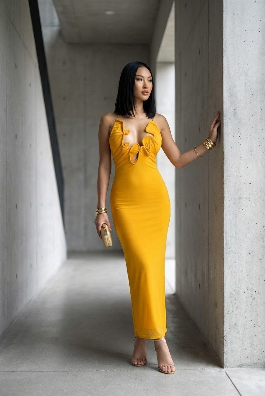 Women's Mustard Yellow Ruffled Cut-Out Maxi Dress Bodycon Evening Gown