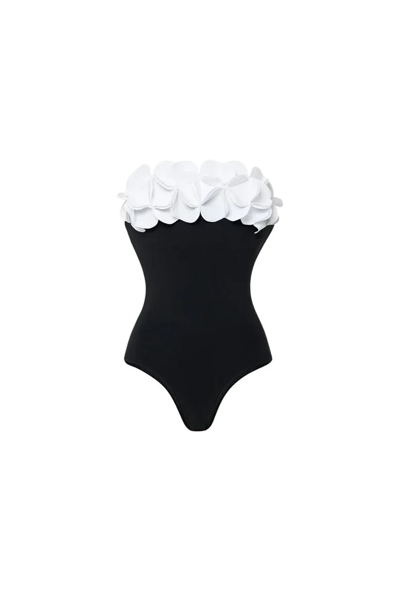 3D Floral Strapless Black Swimsuit-ROVOLE