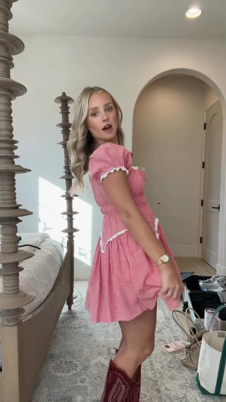 Pink Gingham Square - Neck Mini Dress-Massicos