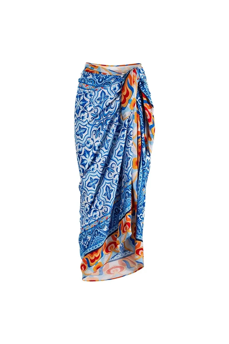 Blue Ethnic Print Swimsuit Set-ROVOLE