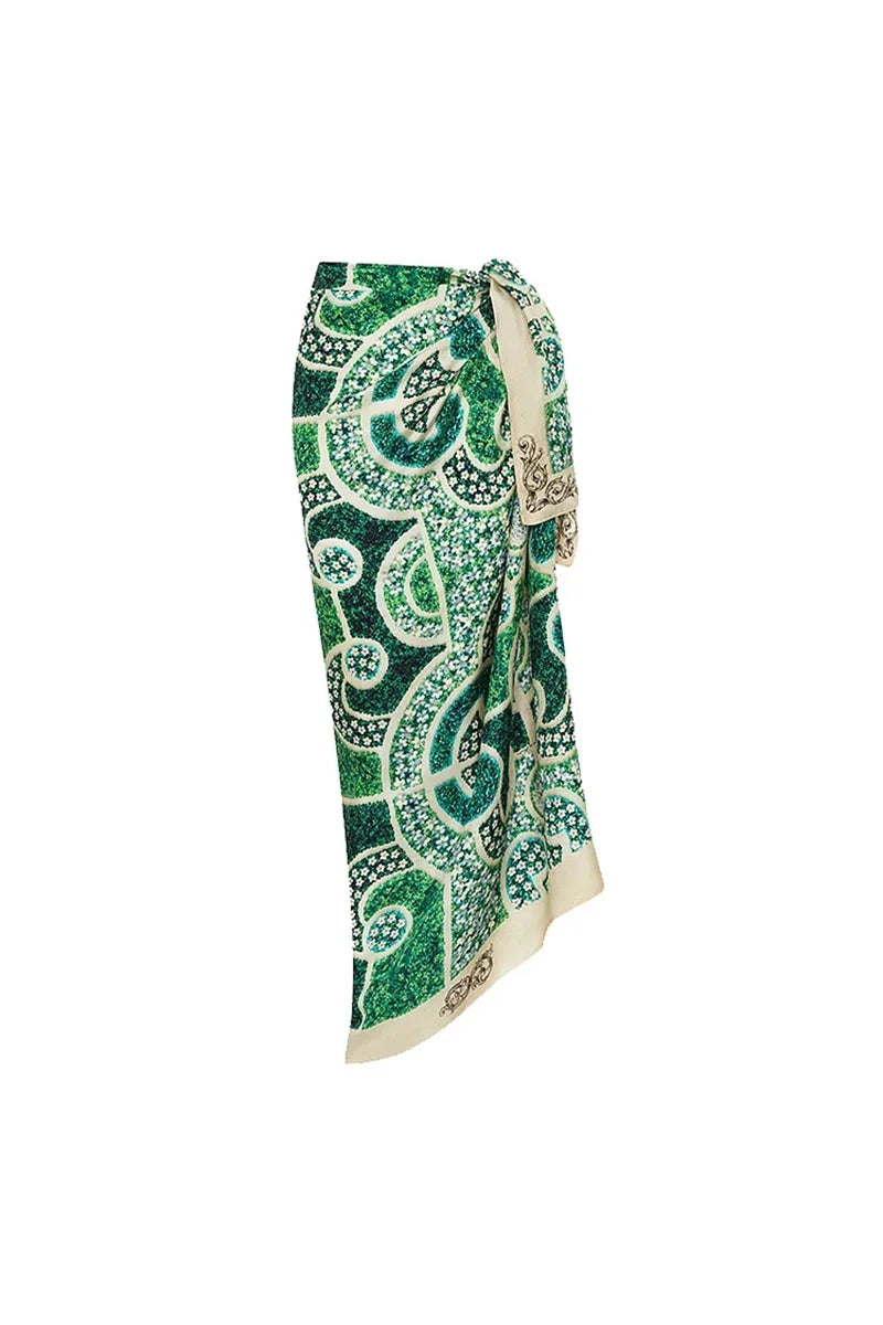 Green Ethnic Print One Piece Swimsuit Set-ROVOLE