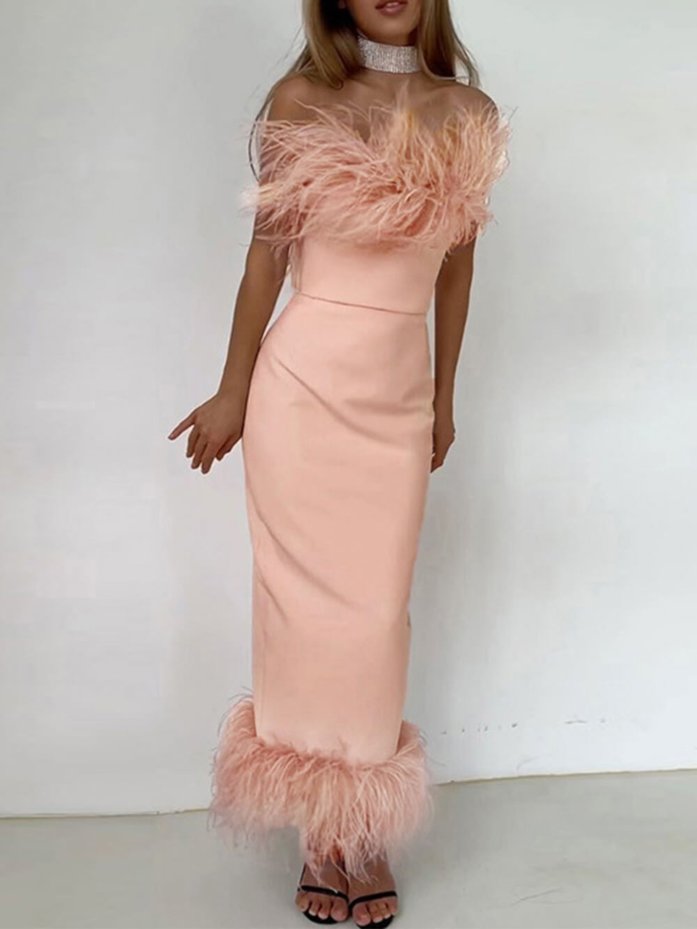 Sleeveless Fur Pencil Midi Dress-Massicos