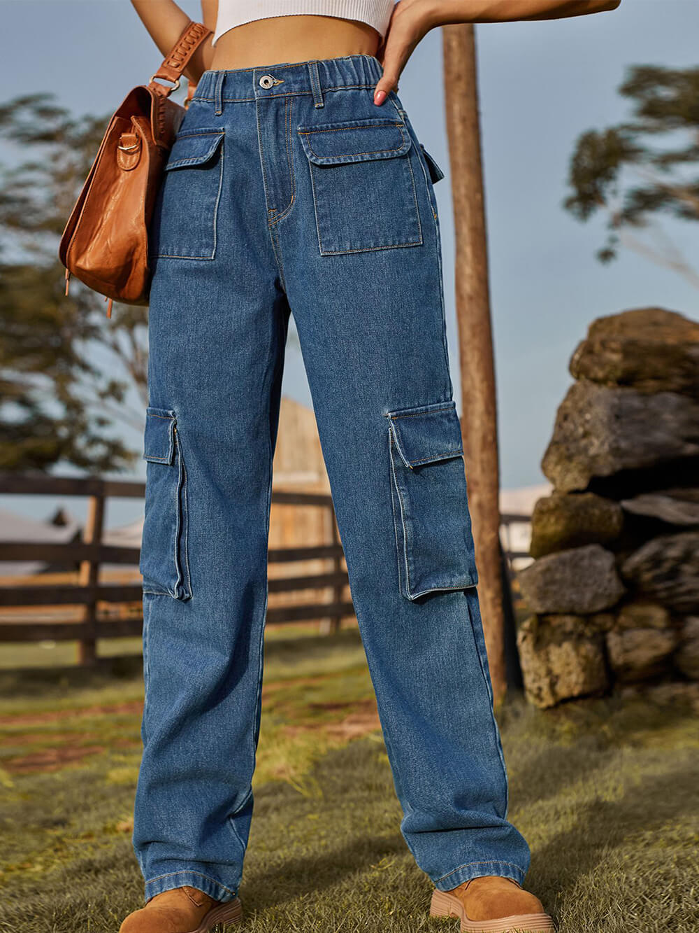 Washed Multi-Pocket Denim Cargo Jeans-Massicos
