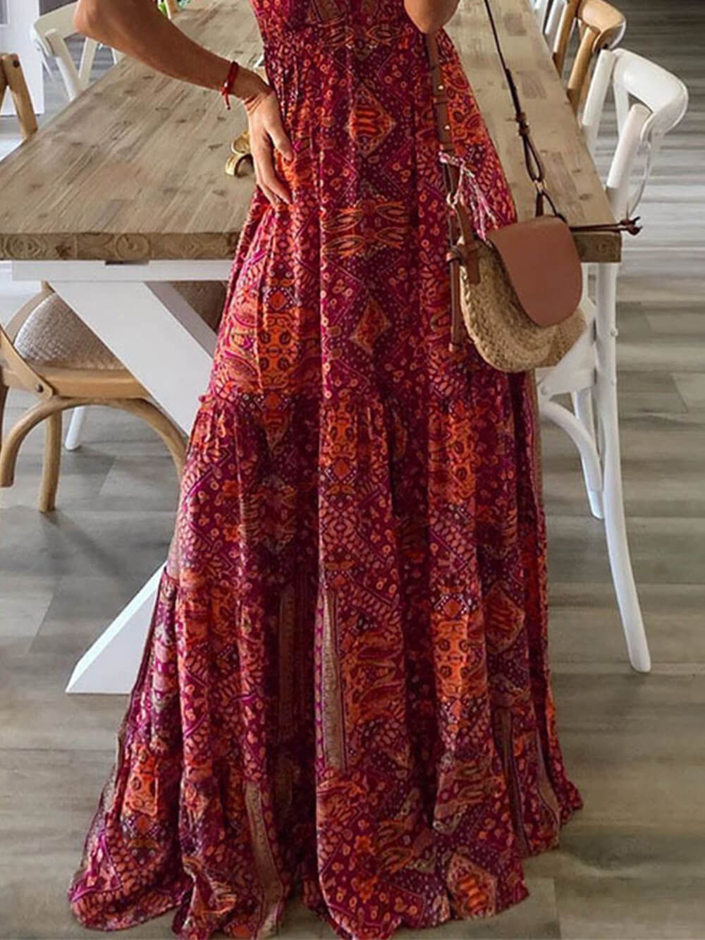 High Waist V-Neck Vintage Print Maxi Dress-Massicos
