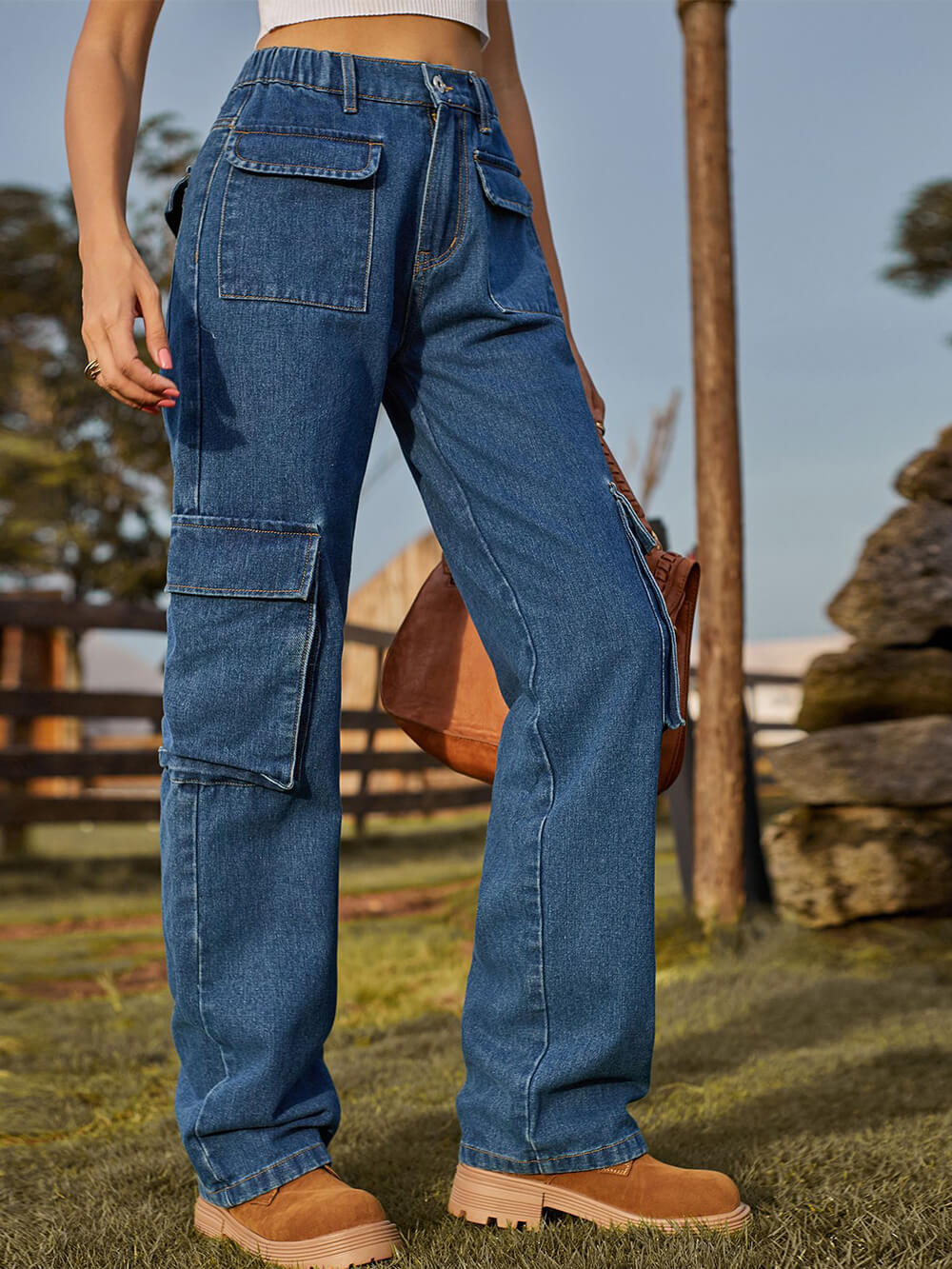 Washed Multi-Pocket Denim Cargo Jeans-Massicos
