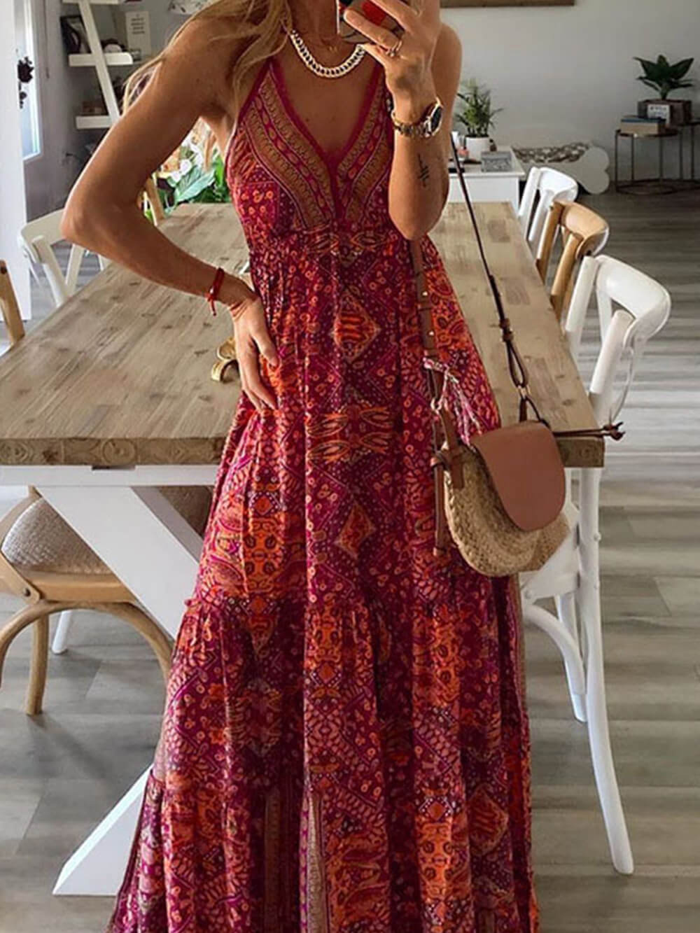 High Waist V-Neck Vintage Print Maxi Dress-Massicos