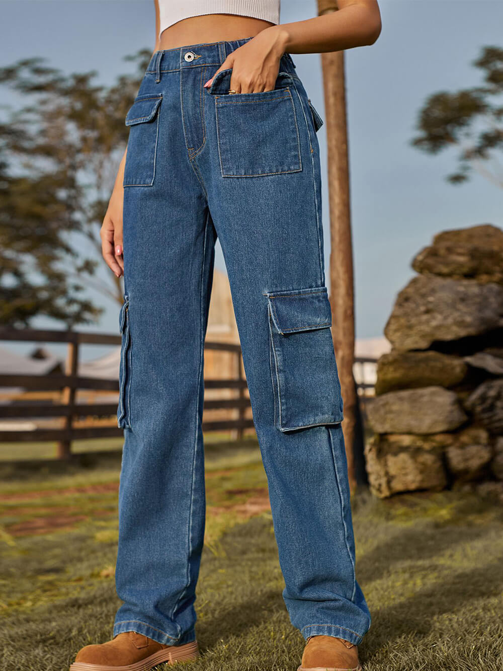 Washed Multi-Pocket Denim Cargo Jeans-Massicos