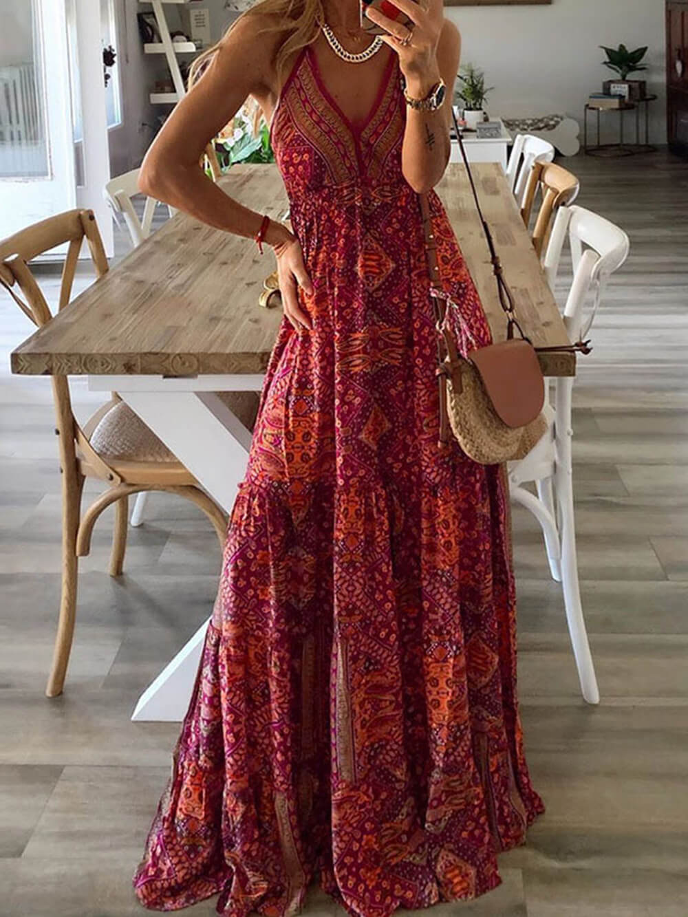 High Waist V-Neck Vintage Print Maxi Dress-Massicos