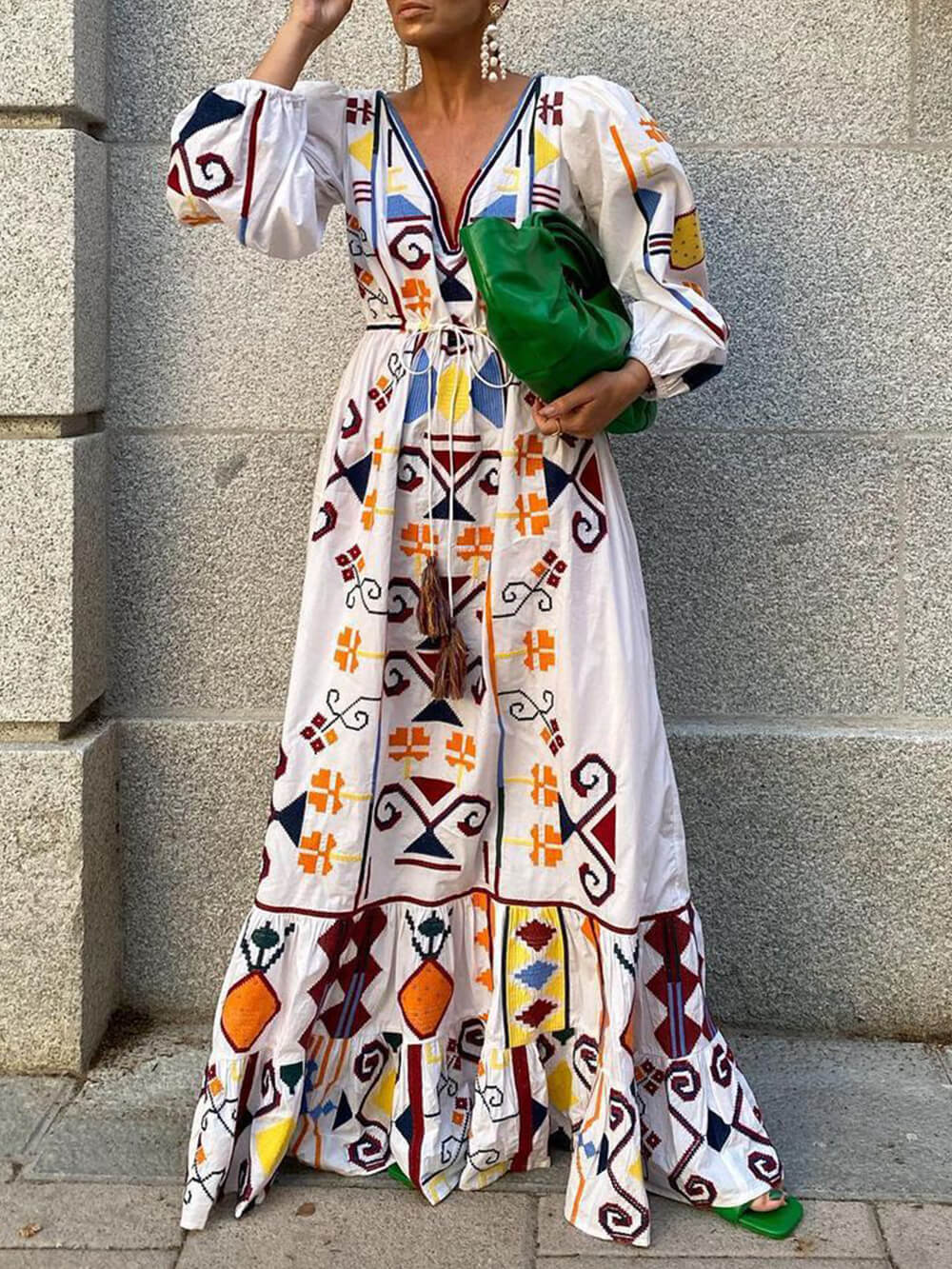 Holiday Style Lantern Sleeve Printed Long Dress-Massicos