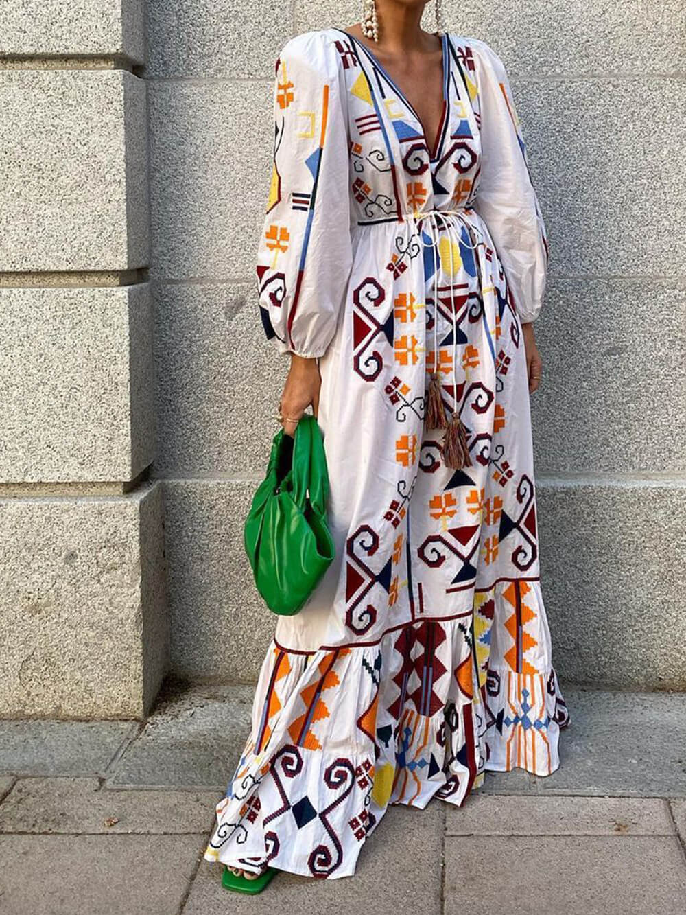 Holiday Style Lantern Sleeve Printed Long Dress-Massicos
