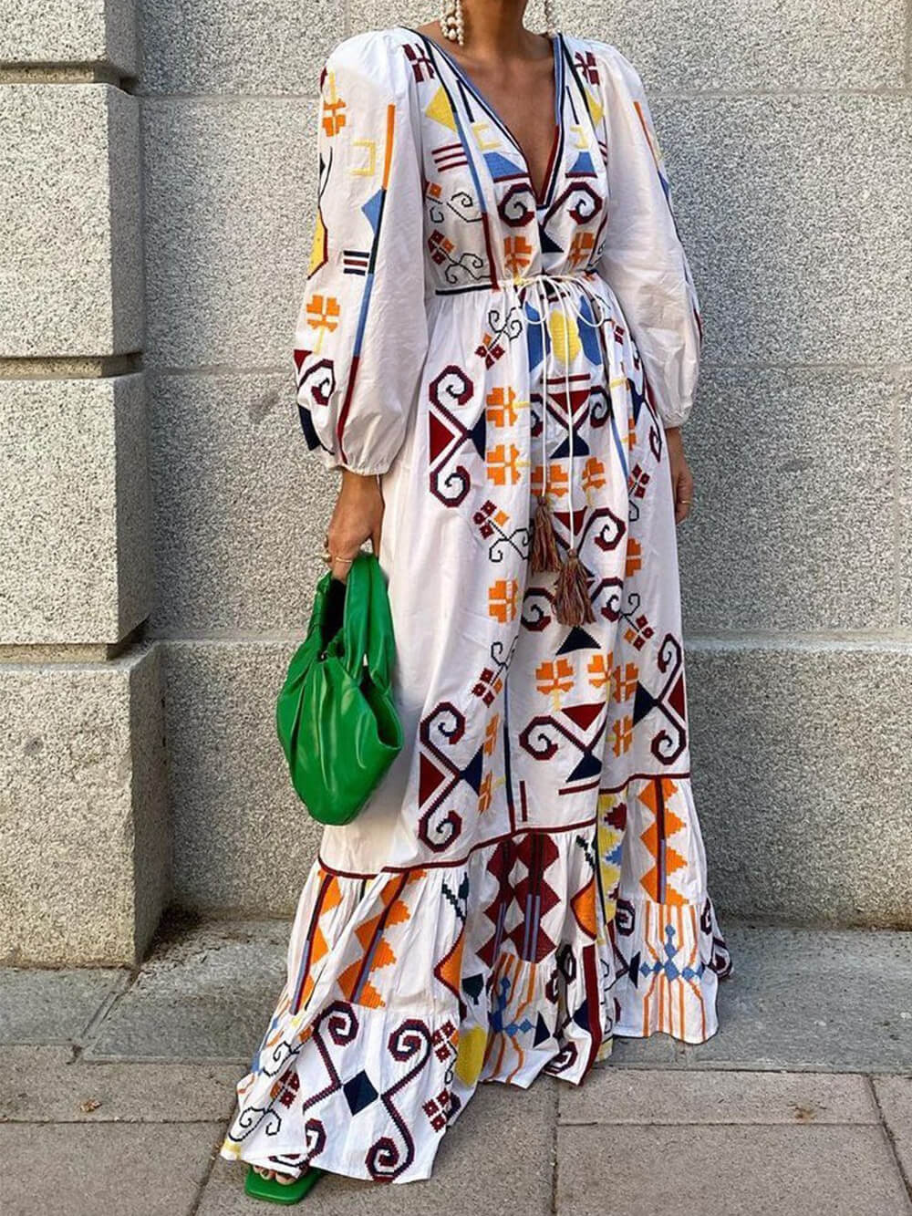 Holiday Style Lantern Sleeve Printed Long Dress-Massicos