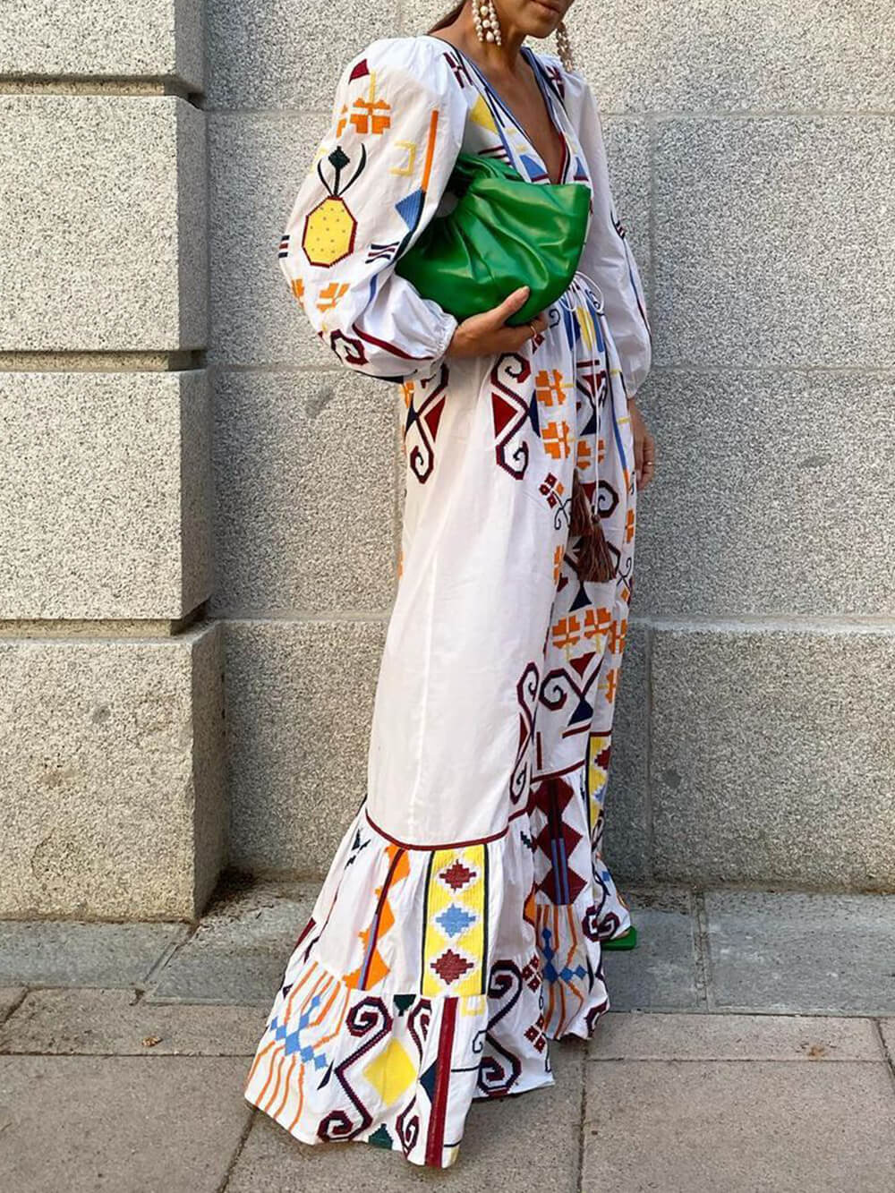 Holiday Style Lantern Sleeve Printed Long Dress-Massicos
