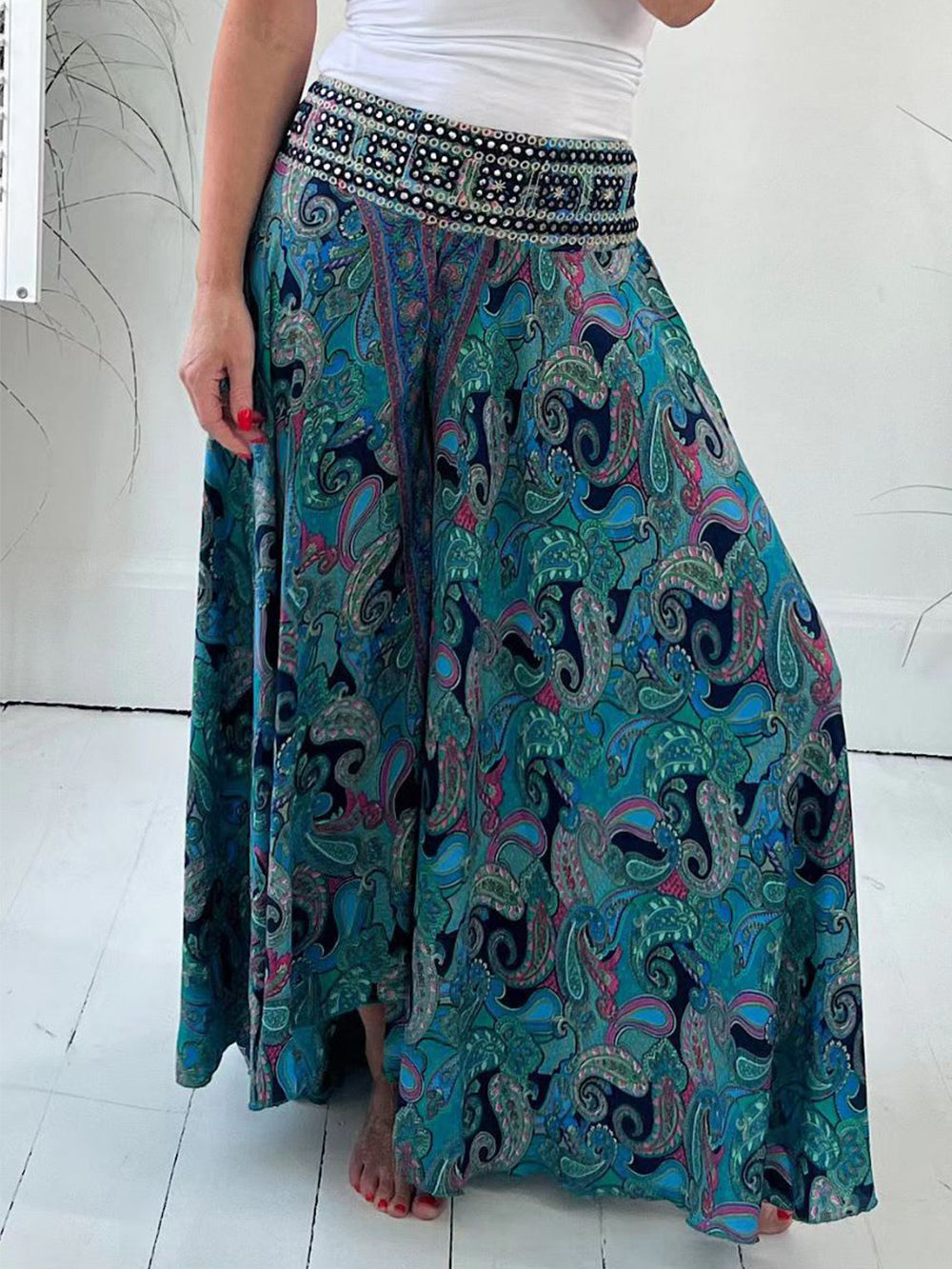 Ethnic Paisley Print Wide Leg Flares-Massicos