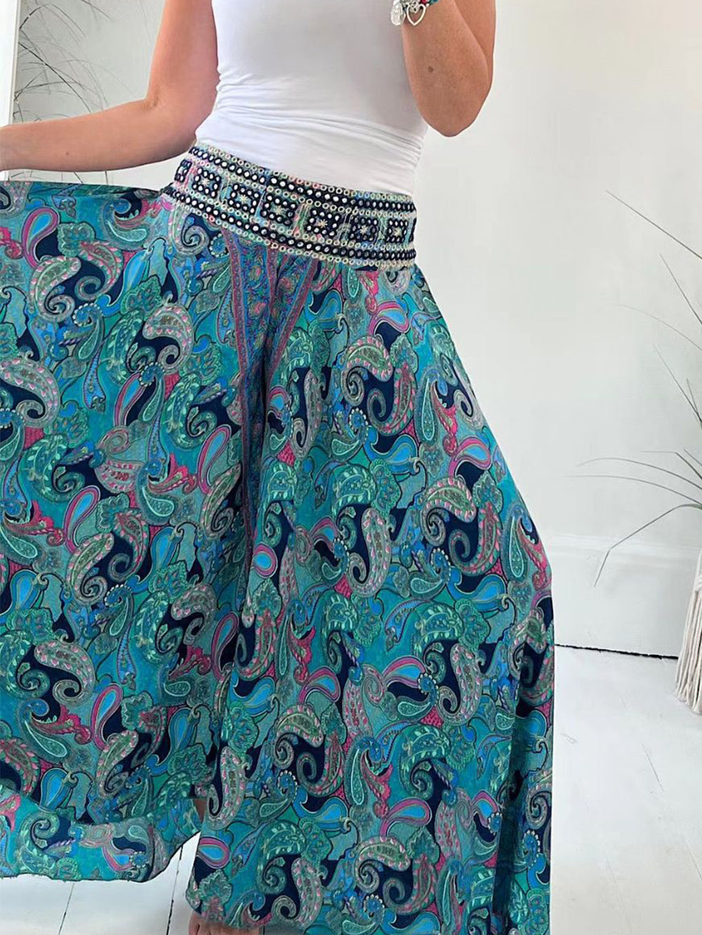 Ethnic Paisley Print Wide Leg Flares-Massicos