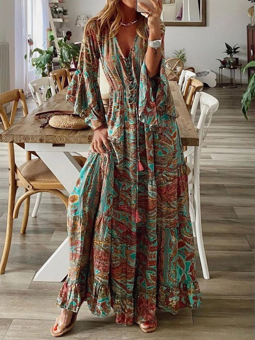 Down The West Coast Bohemia Print Maxi Dress-Massicos