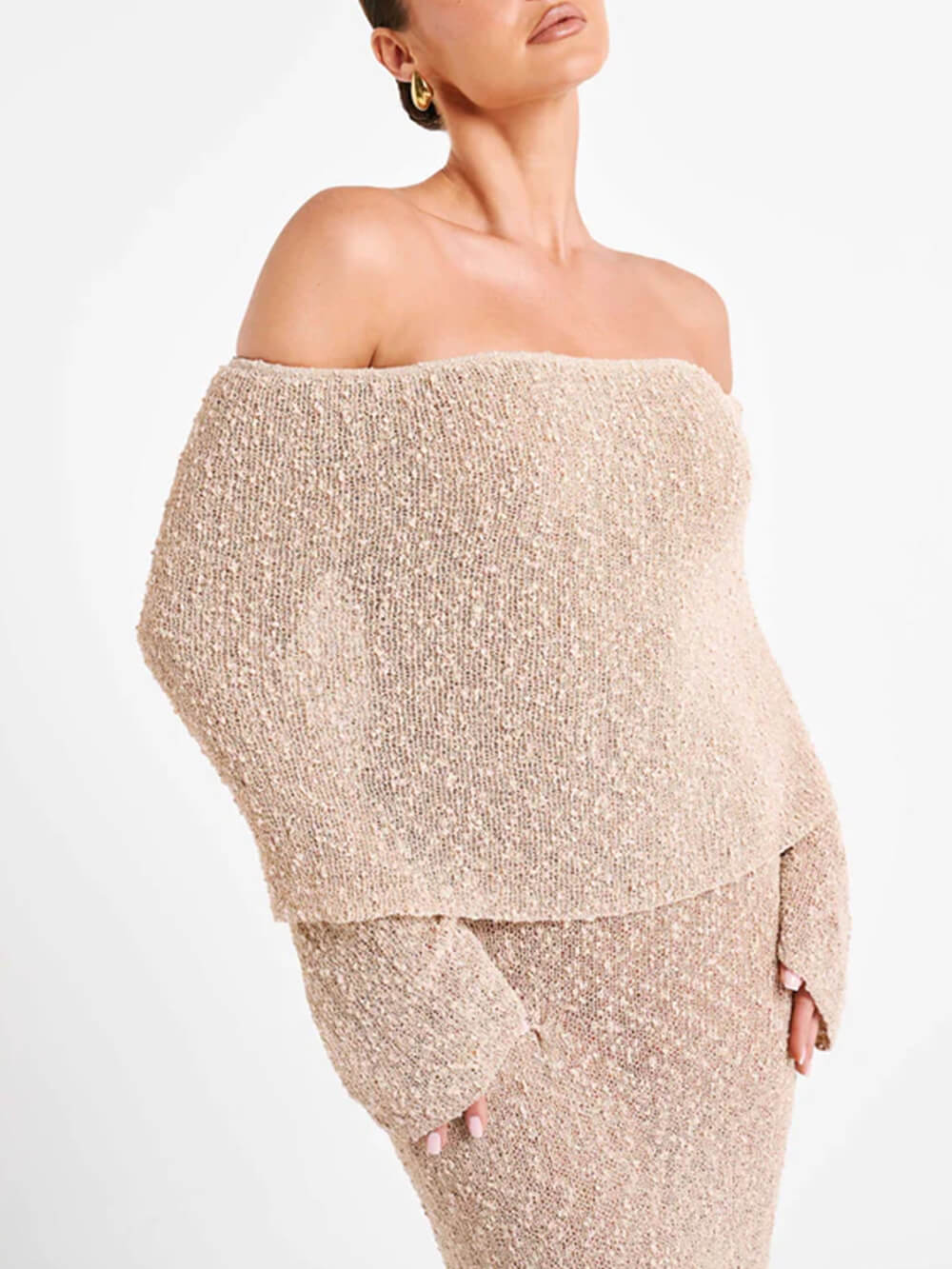 Off Shoulder Boucle Maxi Dress-Massicos