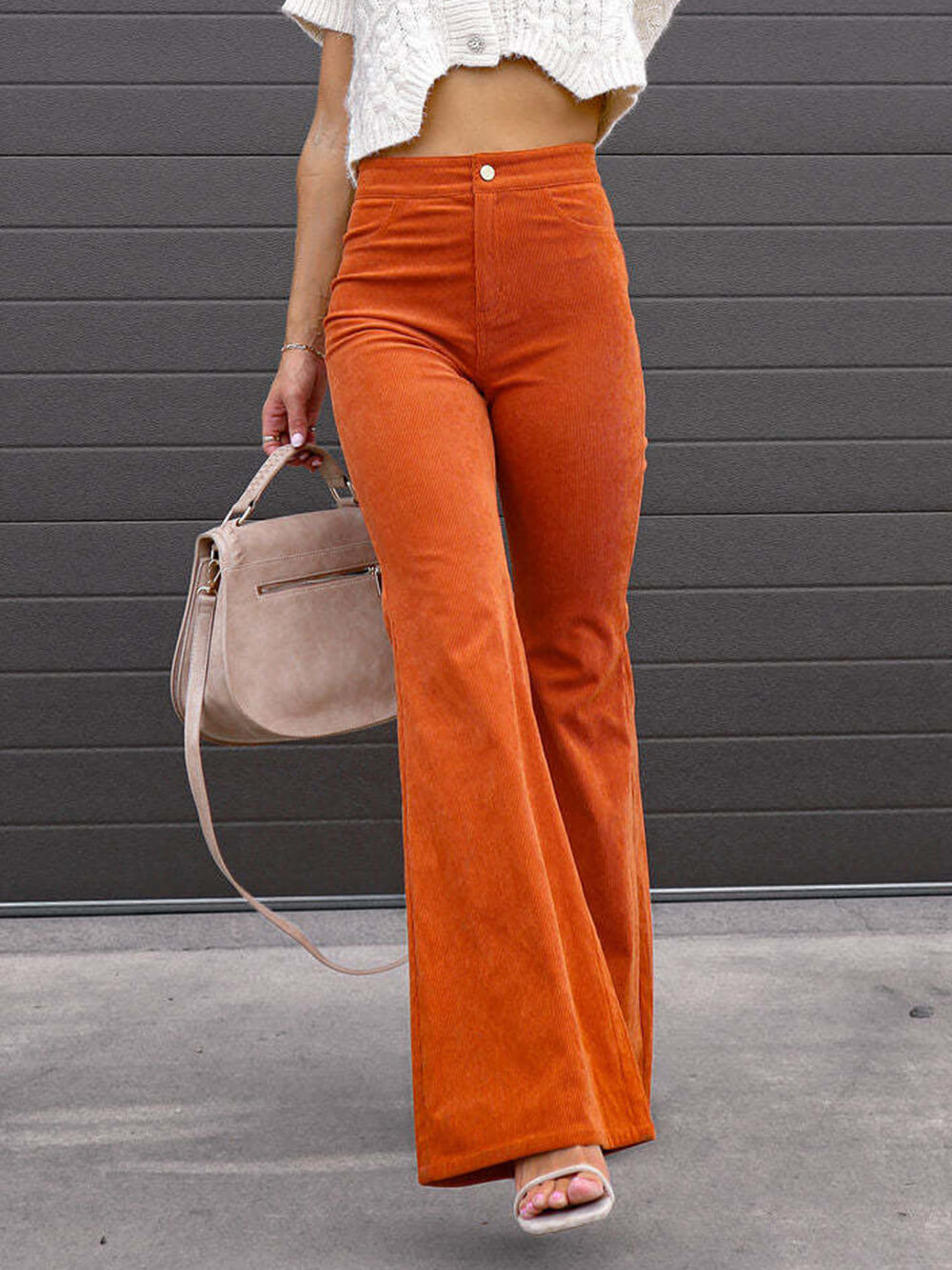 Slim Fit Micro-Flared Corduroy High-Waisted Casual Pants-Massicos