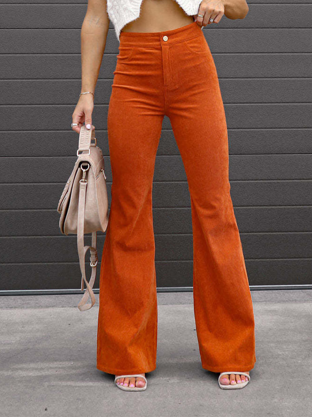 Slim Fit Micro-Flared Corduroy High-Waisted Casual Pants-Massicos
