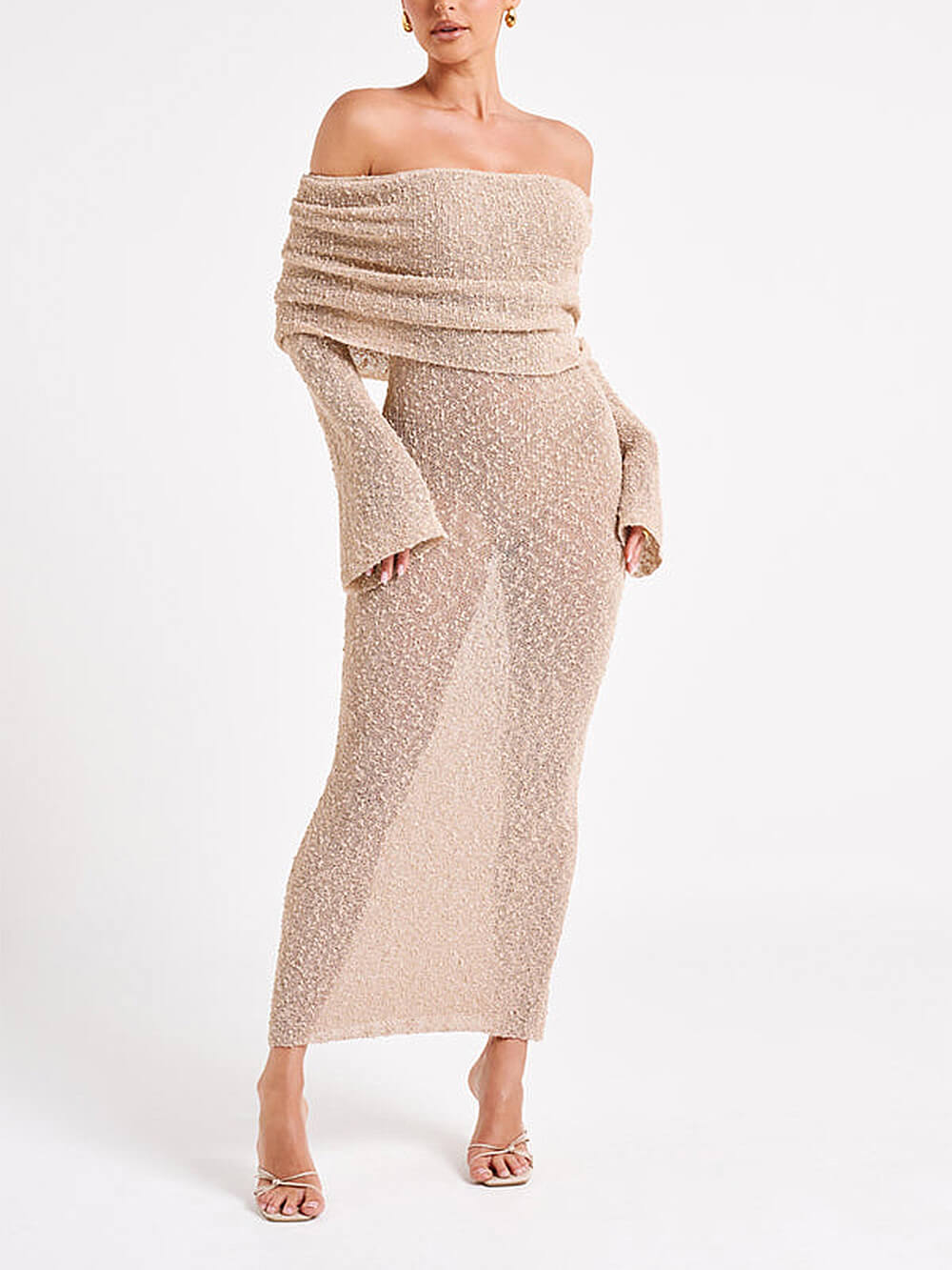Off Shoulder Boucle Maxi Dress-Massicos