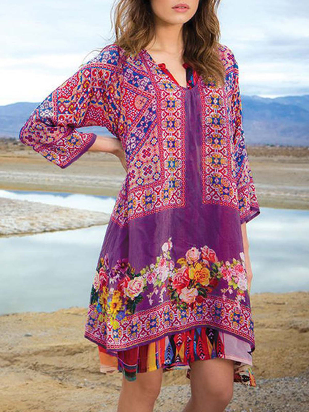 Ladies Casual Printed 3/4 Sleeve V Neck Dress-Massicos