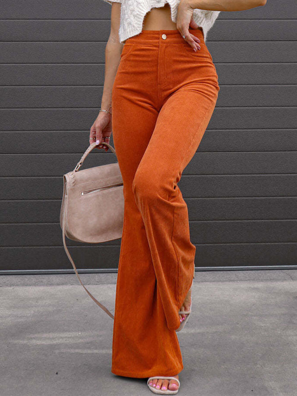 Slim Fit Micro-Flared Corduroy High-Waisted Casual Pants-Massicos