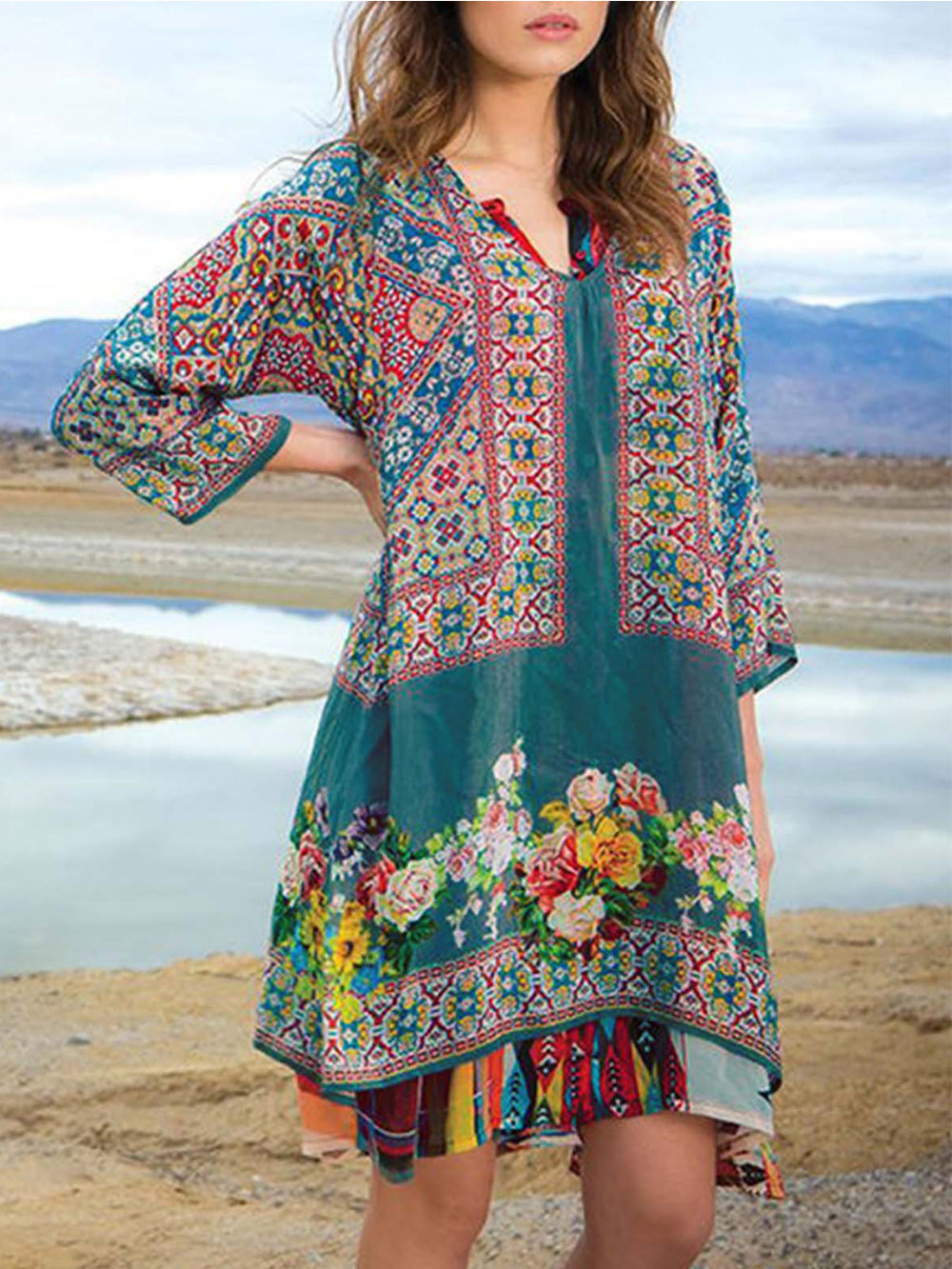 Ladies Casual Printed 3/4 Sleeve V Neck Dress-Massicos
