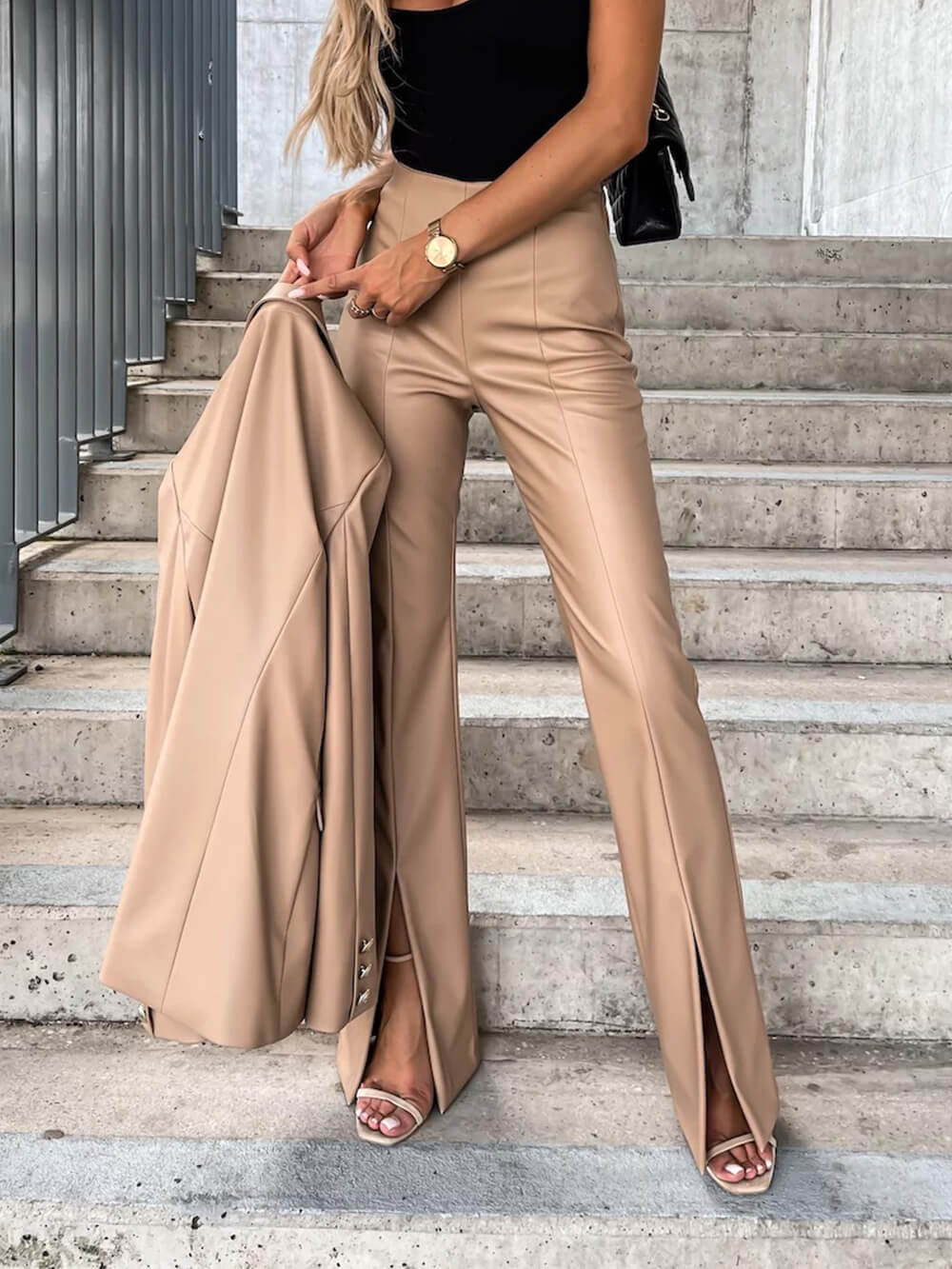 Casual Slit Pu Leather Pants-Massicos
