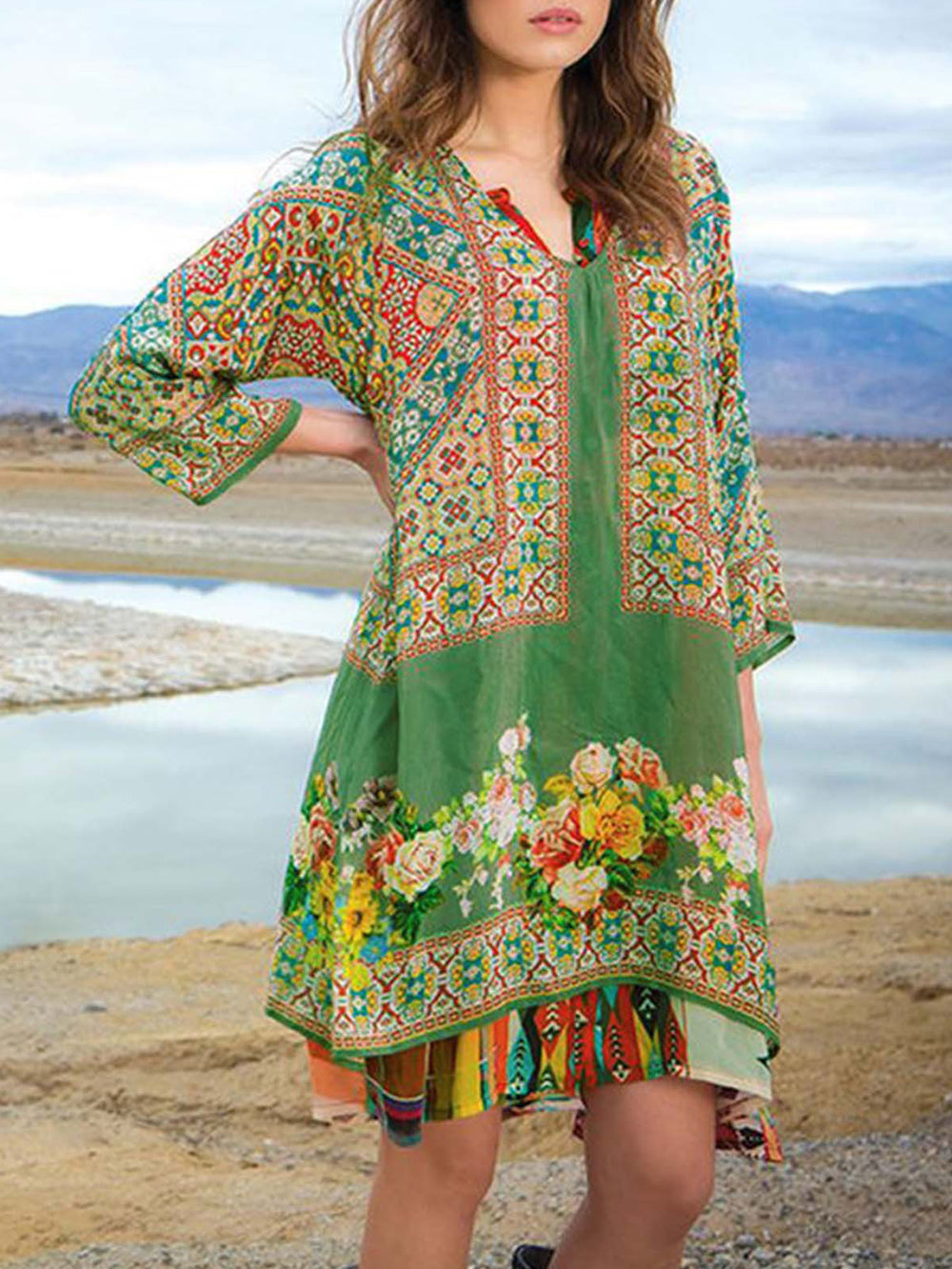 Ladies Casual Printed 3/4 Sleeve V Neck Dress-Massicos