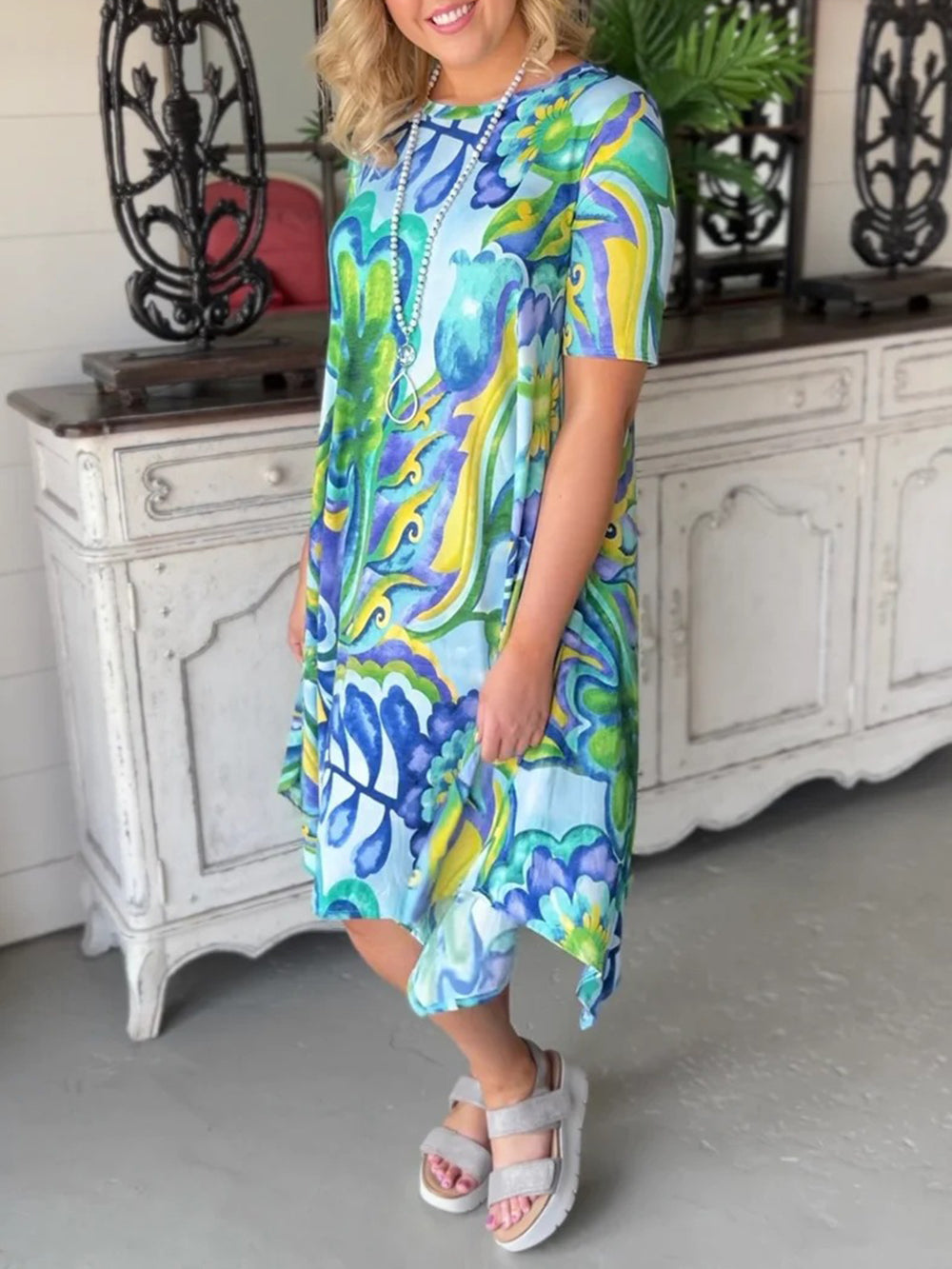 New short-sleeved dress glass printing round neck waist short skirt women's long skirt-Massicos