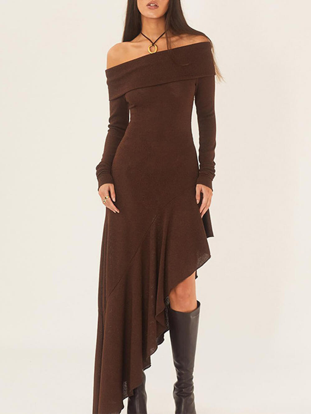 Bateau Neck Long Sleeve Maxi Dress-Massicos