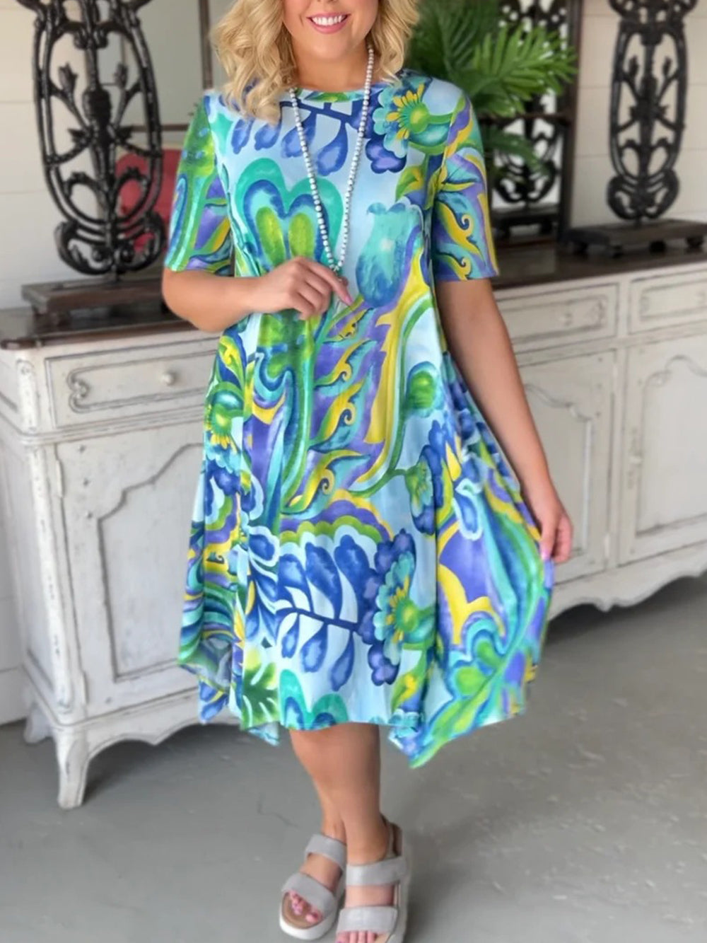 New short-sleeved dress glass printing round neck waist short skirt women's long skirt-Massicos