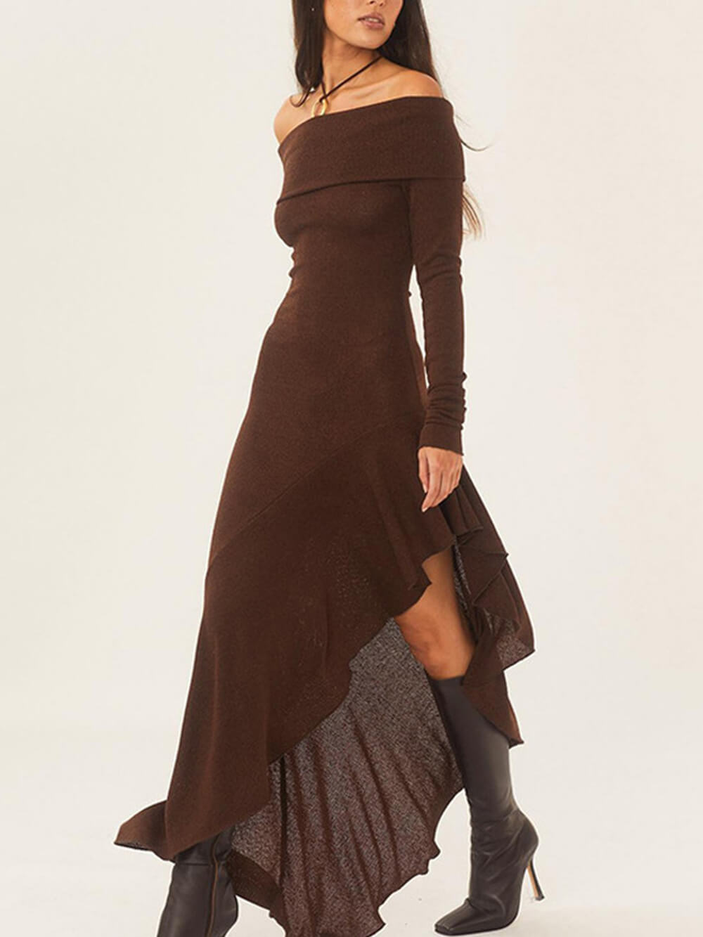 Bateau Neck Long Sleeve Maxi Dress-Massicos