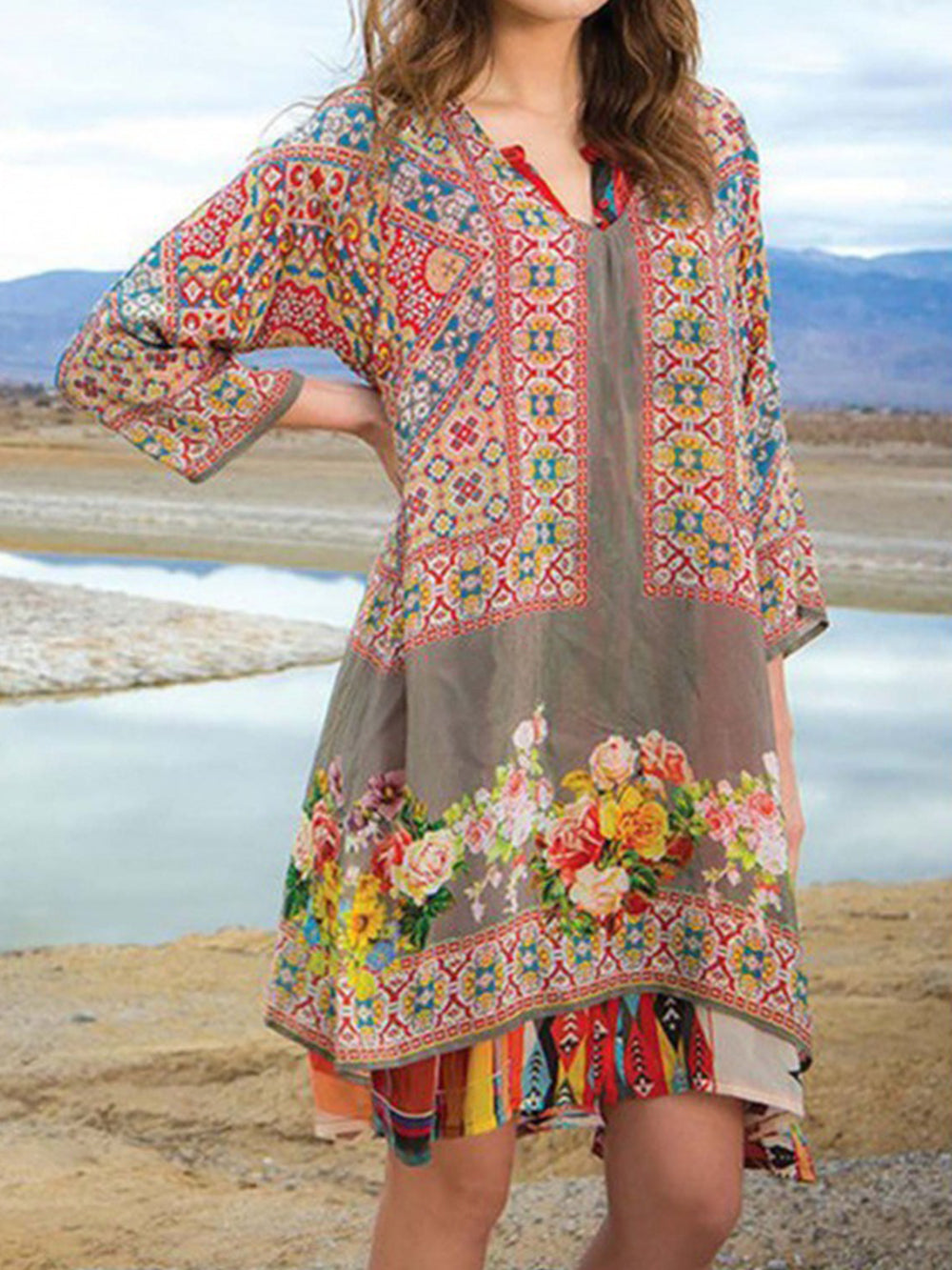 Ladies Casual Printed 3/4 Sleeve V Neck Dress-Massicos