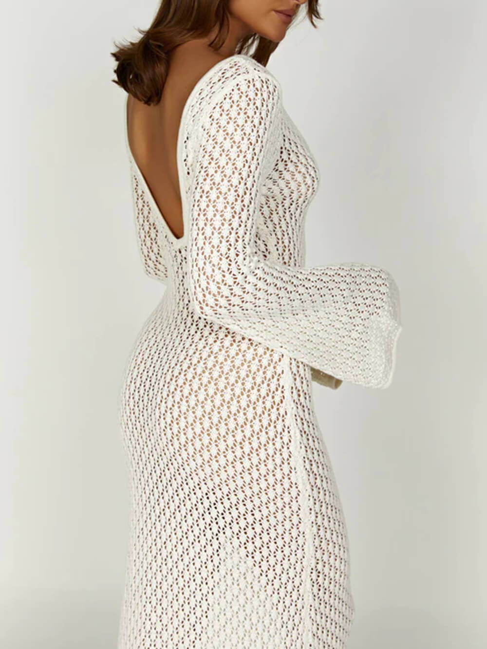Crochet Fishtail Flare Sleeve Maxi Dress-Massicos