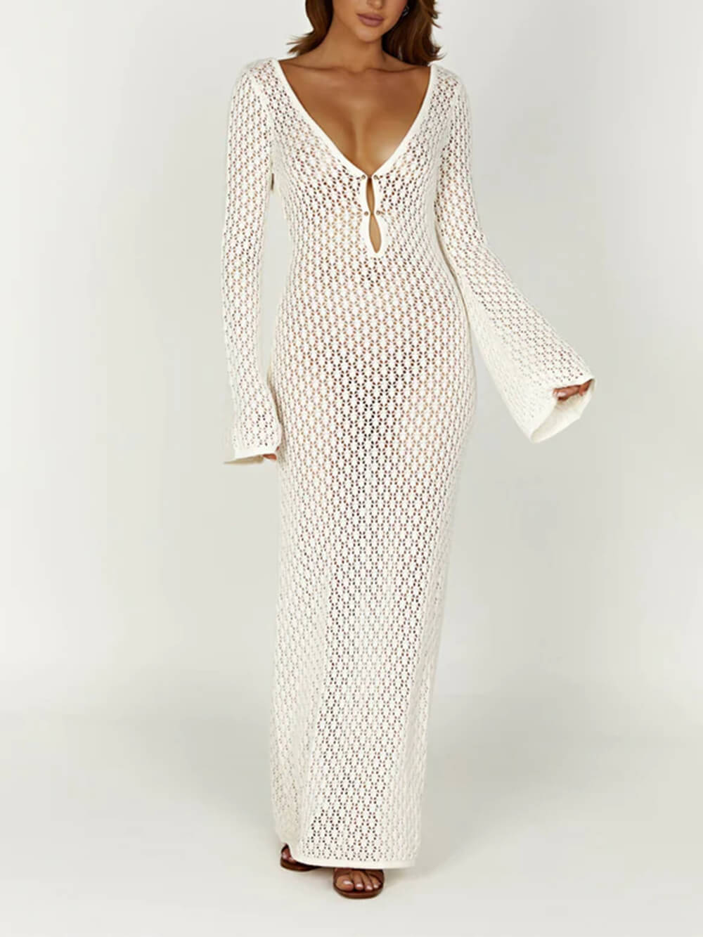 Crochet Fishtail Flare Sleeve Maxi Dress-Massicos