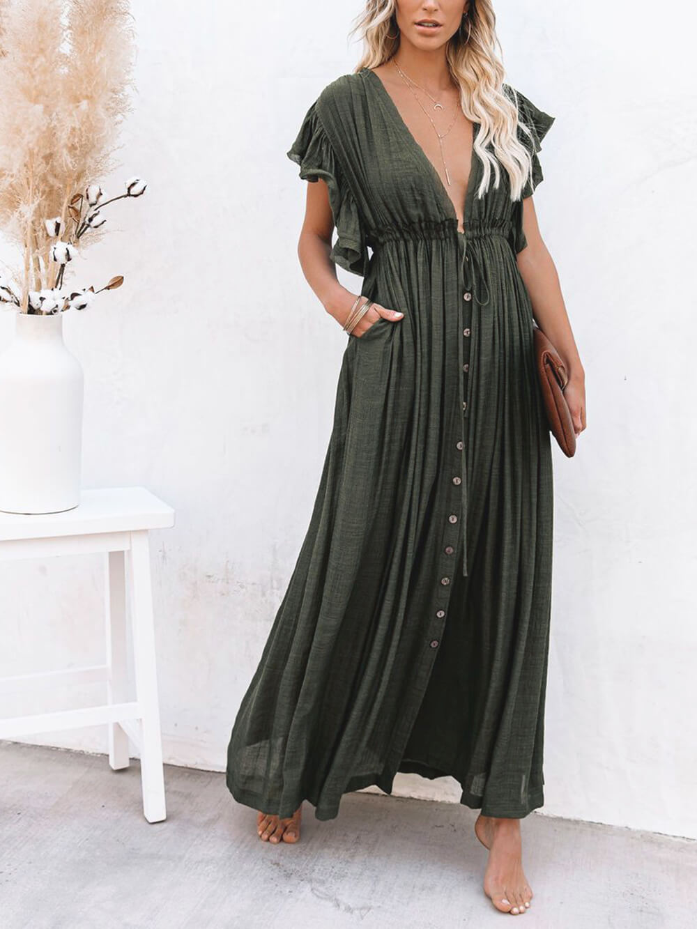 Button Cotton Linen Perfect Beach Boho Maxi Dress-Massicos