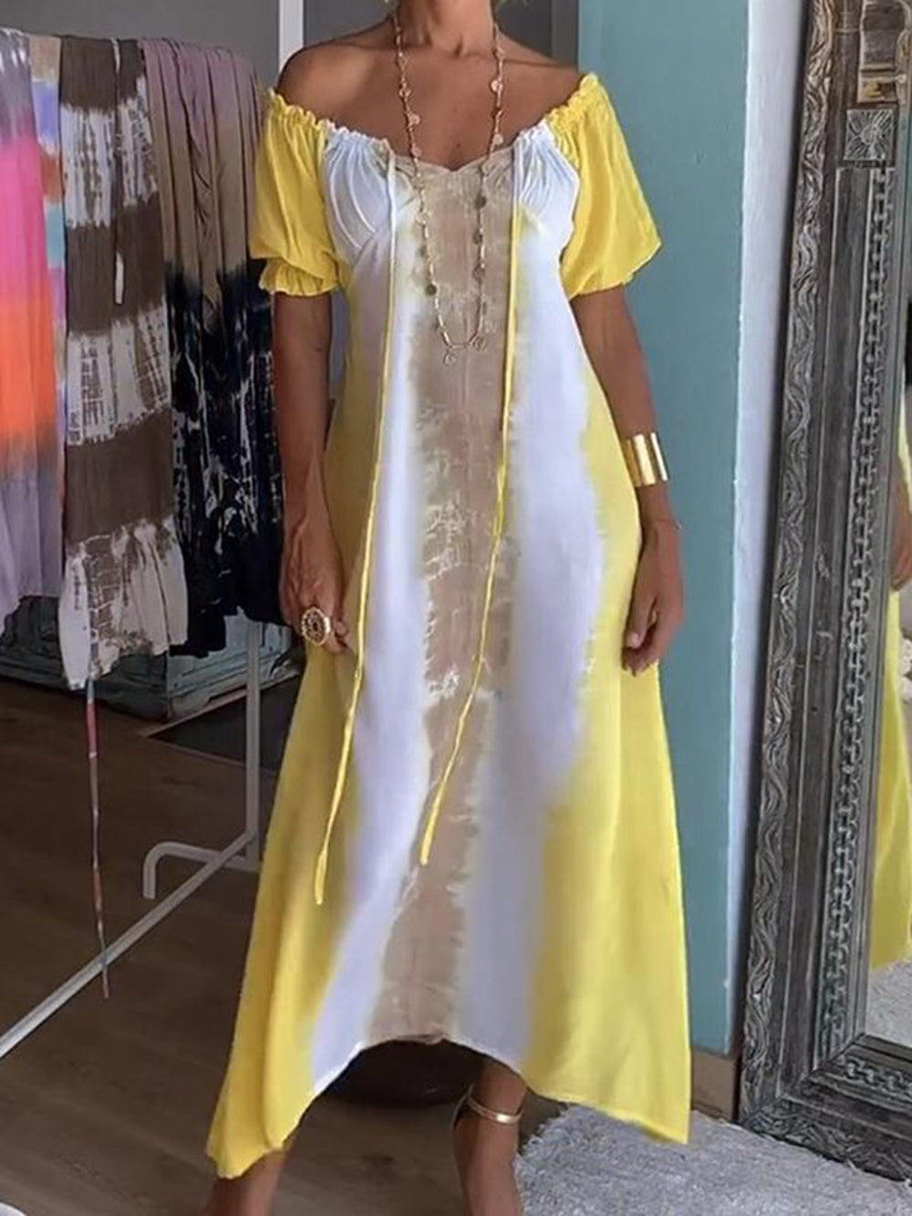 Yellow Tie Dye V-Neck Drawstring Maxi Dress-Massicos