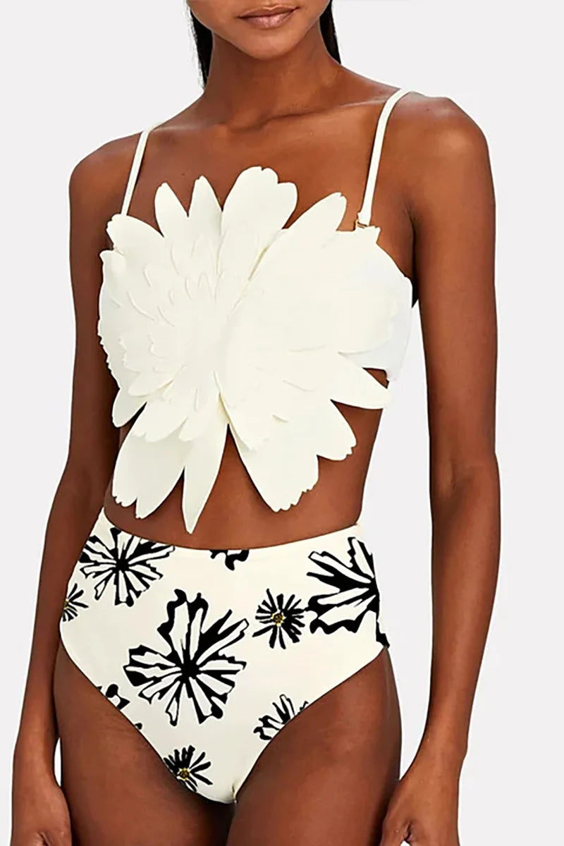 Floral Trim White Printed Bikini Set-ROVOLE
