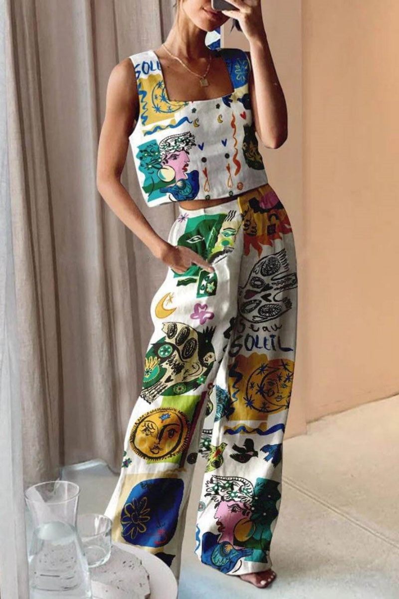 Unique Print Tank and Back Elastic Waist Pocketed Pants Set-ROVOLE