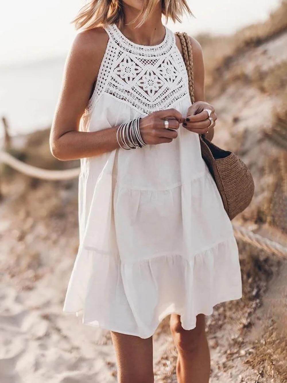 Hollow Lace Patchwork Halterneck A-Line Mini Dress-Massicos