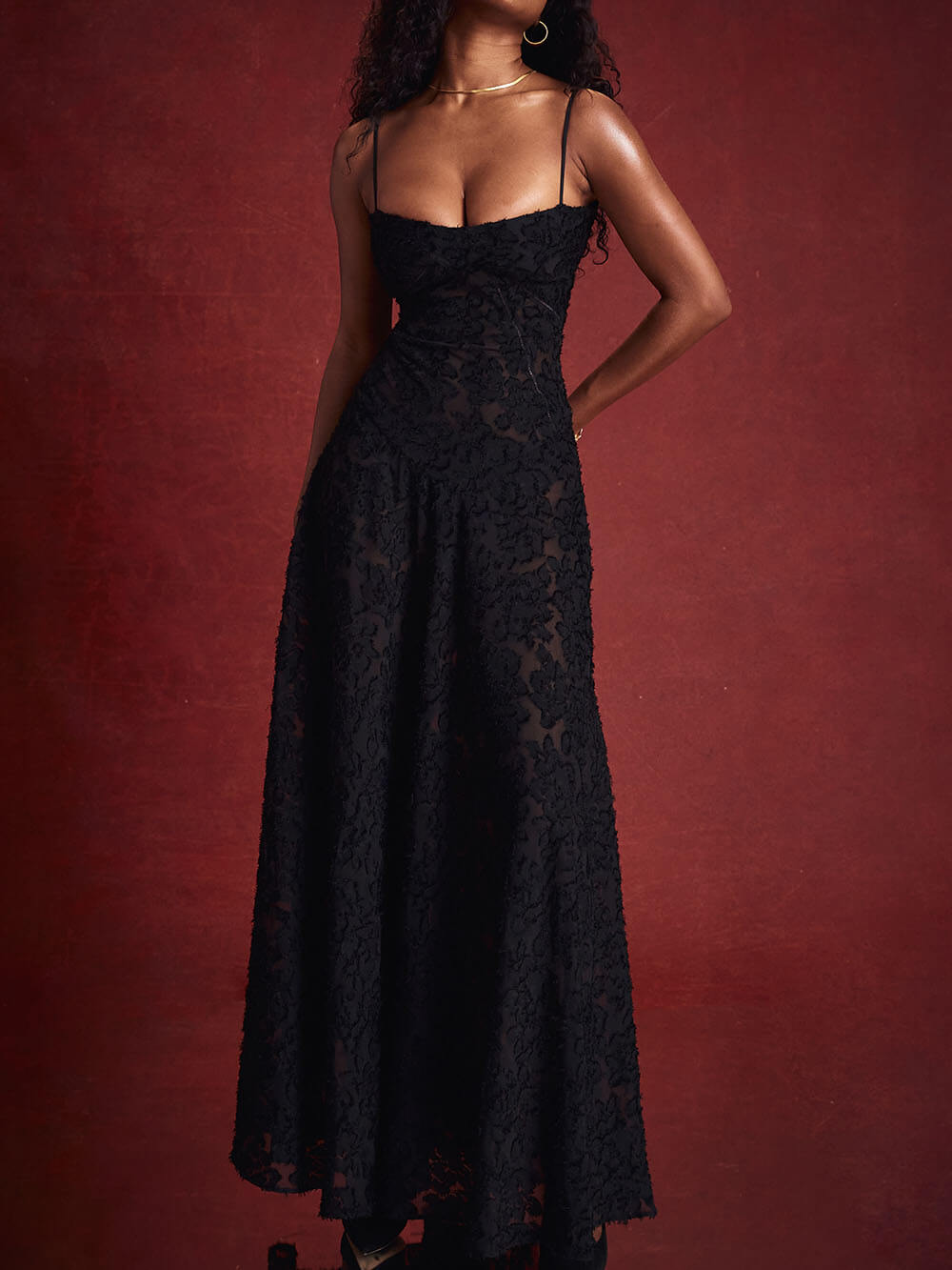 Black Floral Lace Back Maxi Dress-Massicos