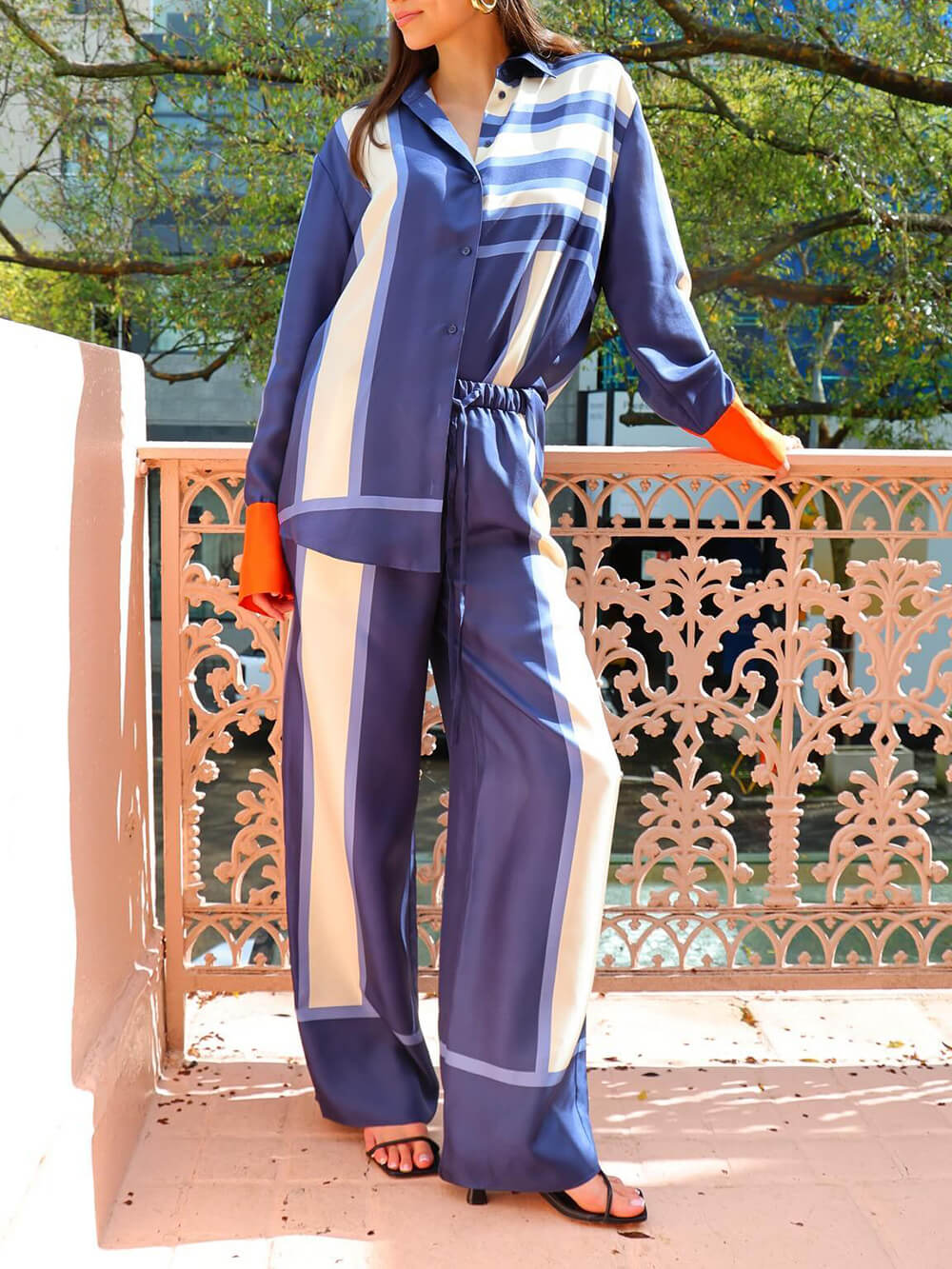 Striped Patchwork Unique Printed Elastic Waist Pocket Wide Leg Pants-Massicos