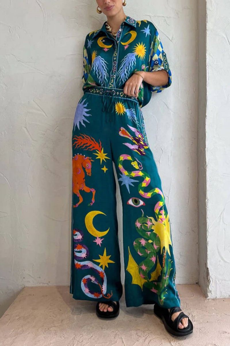 Unique Print Elastic Waist Pocketed Wide Leg Pants Set-ROVOLE