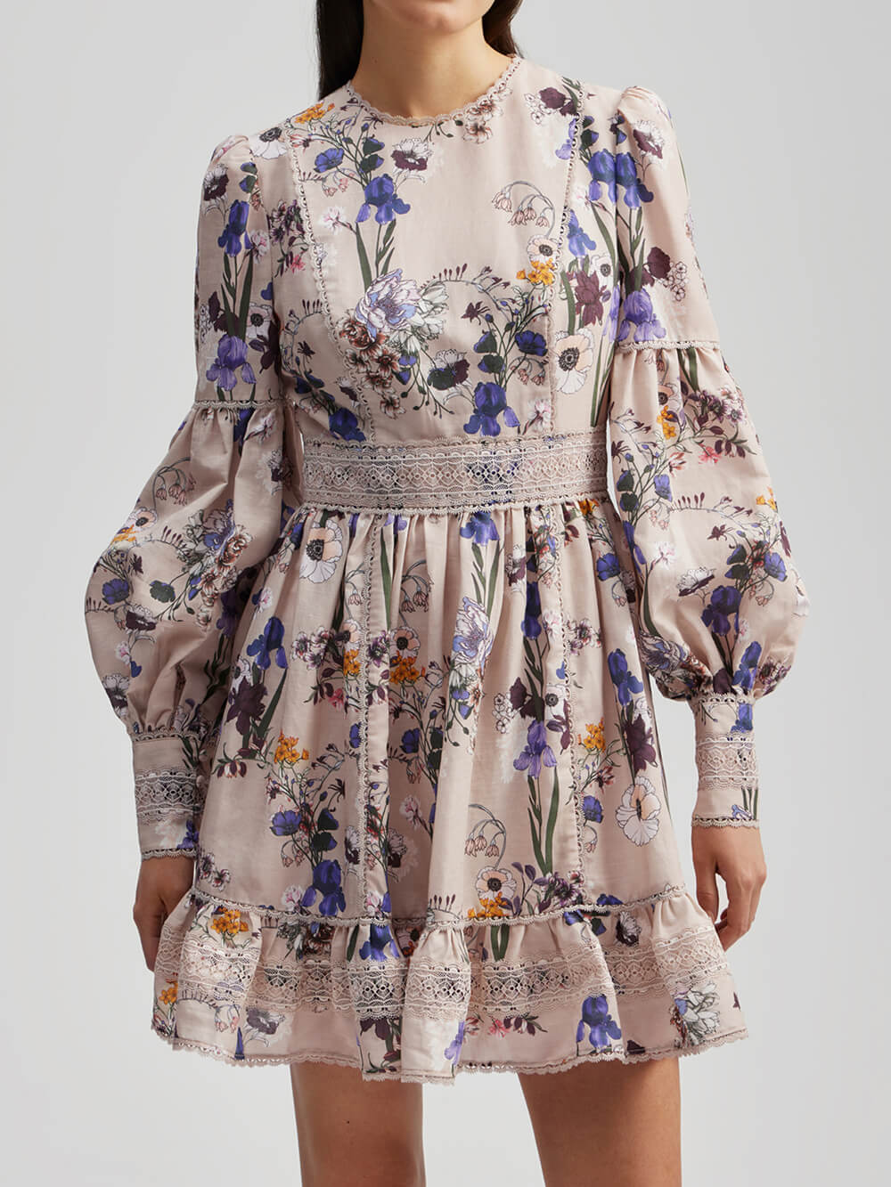 Flowers Plants Balloon Sleeves Mini Dress-Massicos