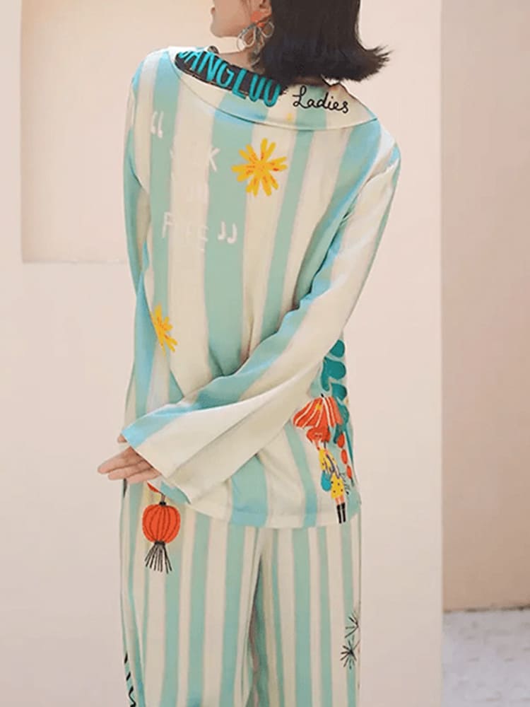 Homewear - Printed Ice Silk Long Sleeve Pajama Set-Massicos
