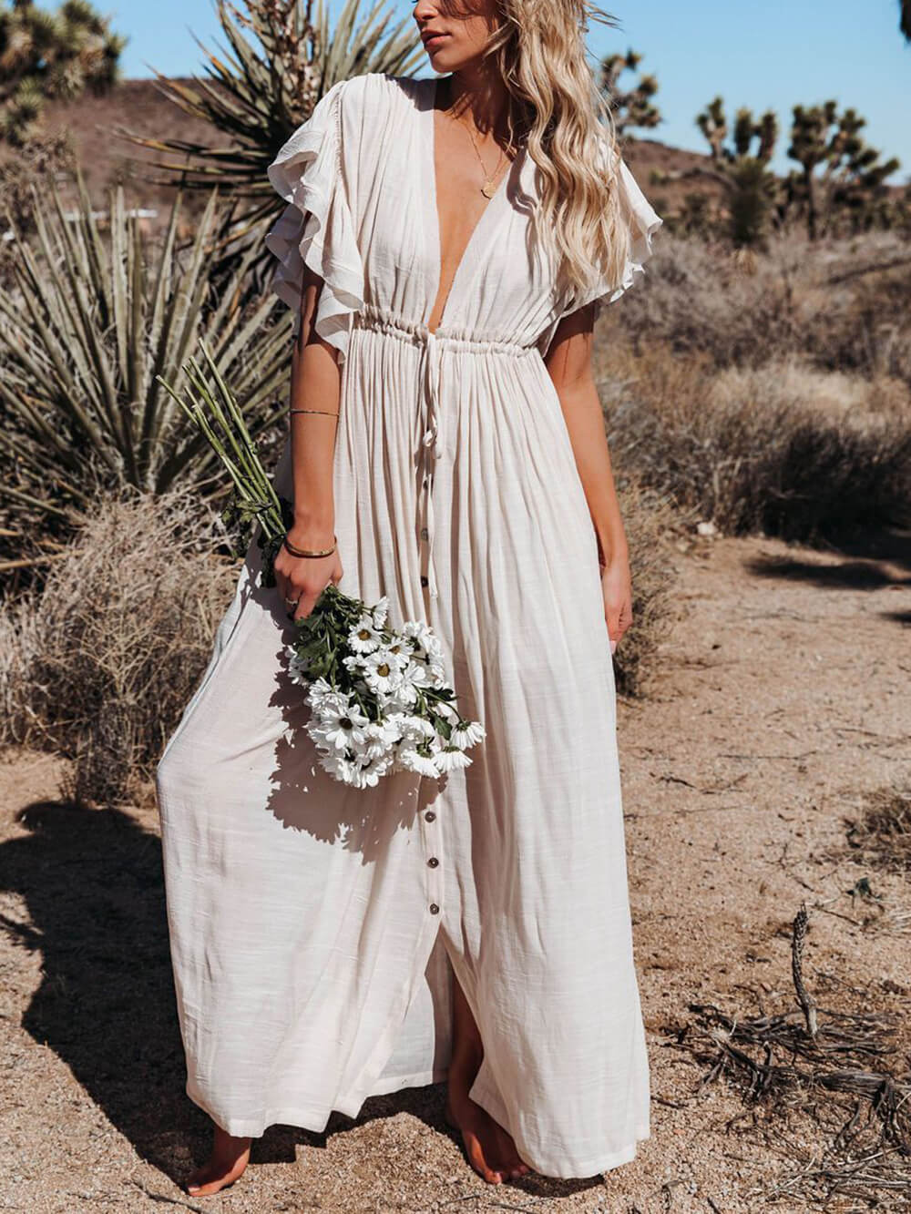 Button Cotton Linen Perfect Beach Boho Maxi Dress-Massicos