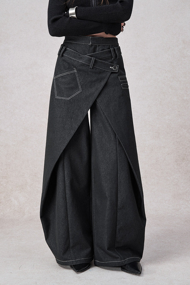 Swinging Symphony Fake Two-Piece Wide-Leg Jeans-Massicos